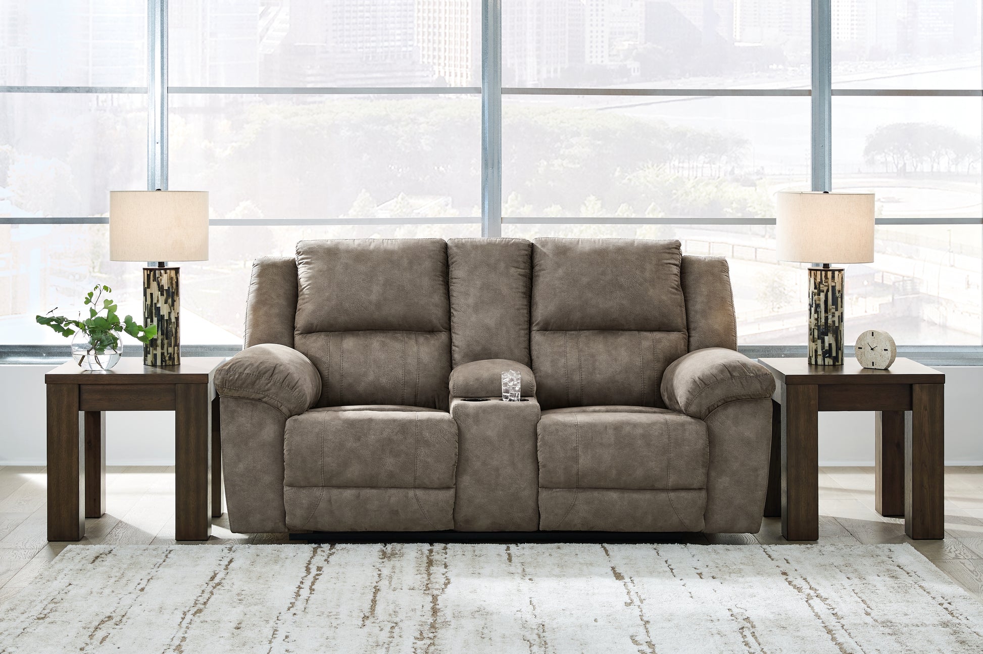 Stuart Furniture Outlet - Ashley Furniture - Laresview Living Room - DBL Rec Loveseat w/Console / Fossil - 3720394
