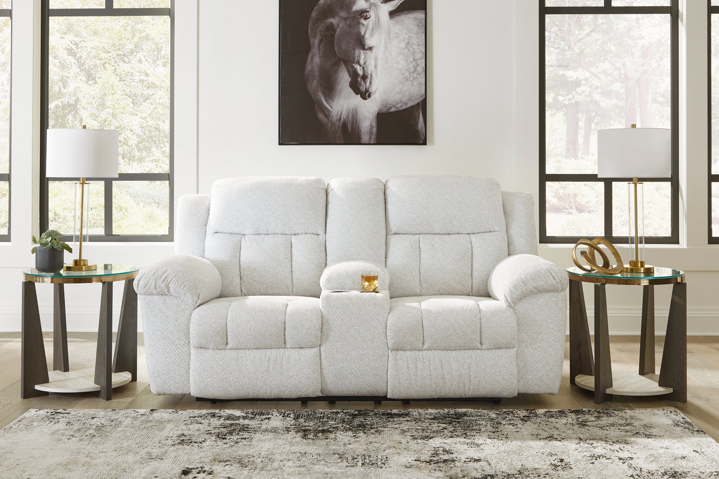 Stuart Furniture Outlet - Ashley Furniture - Frohn Living Room - DBL Rec Loveseat w/Console / Snow - 3740594