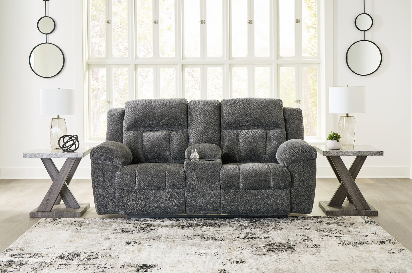 Stuart Furniture Outlet - Ashley Furniture - Frohn Living Room - DBL Rec Loveseat w/Console / Graphite - 3740694