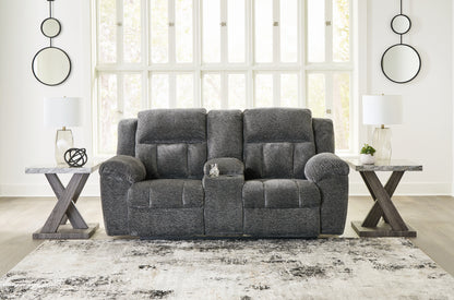 Stuart Furniture Outlet - Ashley Furniture - Frohn Living Room - DBL Rec Loveseat w/Console / Graphite - 3740694