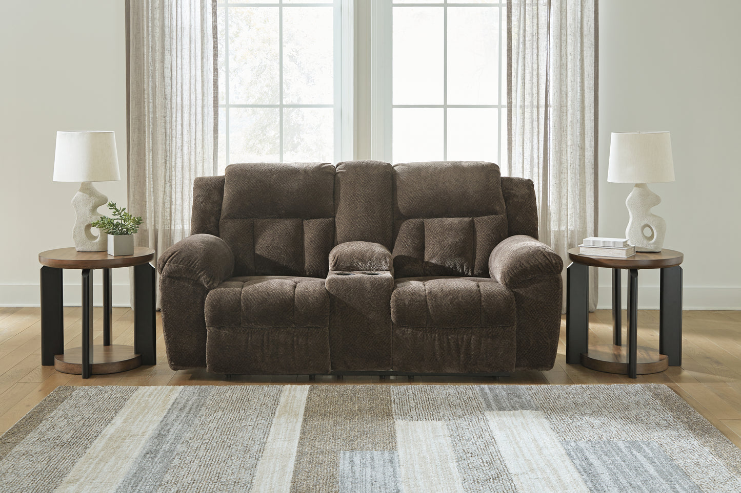 Stuart Furniture Outlet - Ashley Furniture - Frohn Living Room - DBL Rec Loveseat w/Console / Chocolate - 3740794