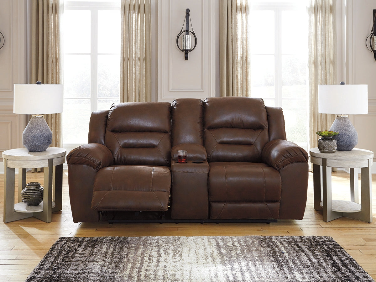 Stuart Furniture Outlet - Ashley Furniture - Stoneland Living Room - DBL REC PWR Loveseat w/Console / Chocolate - 3990496