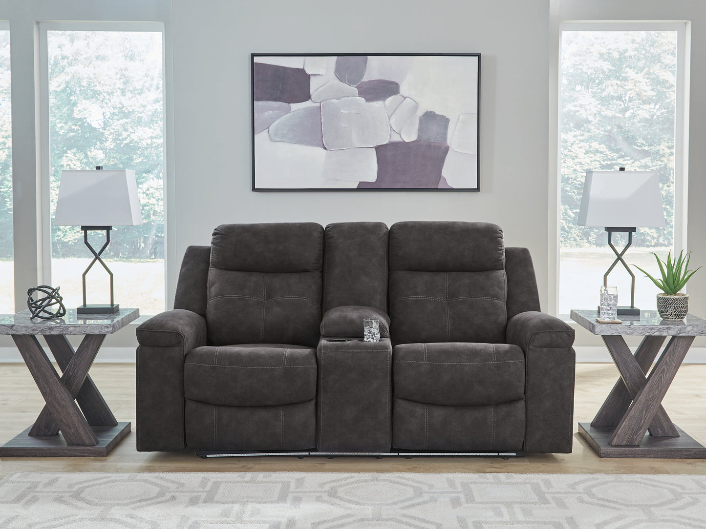 Stuart Furniture Outlet - Ashley Furniture - Brysonview Living Room - DBL Rec Loveseat w/Console / Charcoal - 6360594