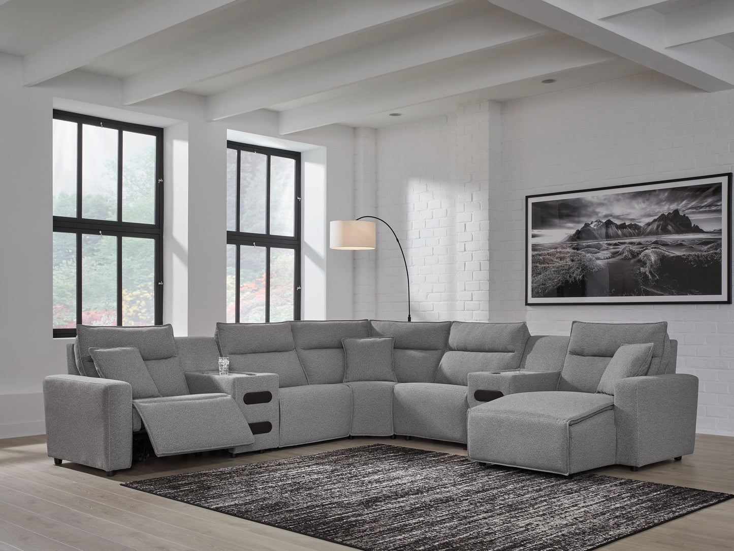 Stuart Furniture Outlet - Ashley Furniture - ModMax II Sectional - 7-Piece Power Reclining Sectional with Chaise and Audio Consoles / Salt and Pepper - 65906S7