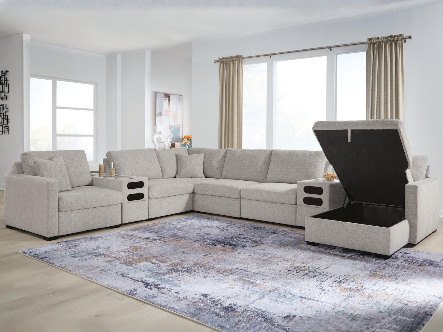 Stuart Furniture Outlet - Ashley Furniture - ModMax Luxe Sectional - RAF 8-Piece Sectional with Storage Chaise and Audio Consoles / Flint - 68605S80