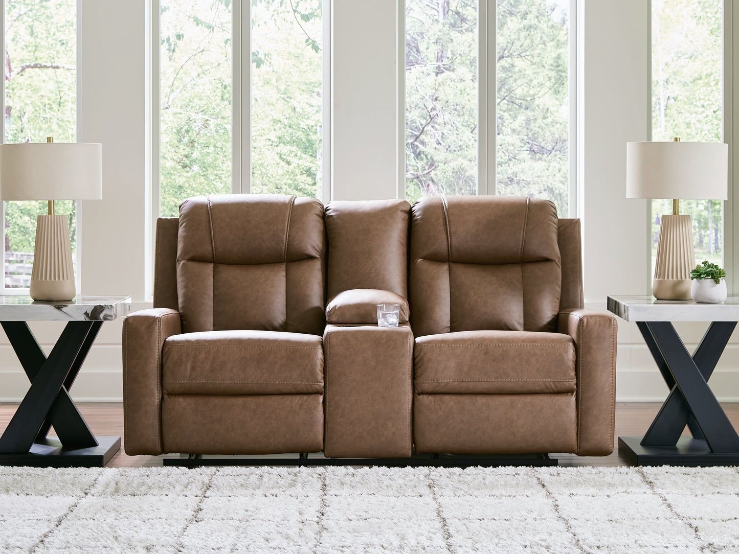 Stuart Furniture Outlet - Ashley Furniture - Mackmenville Living Room - DBL Rec Loveseat w/Console / Caramel - 7471494