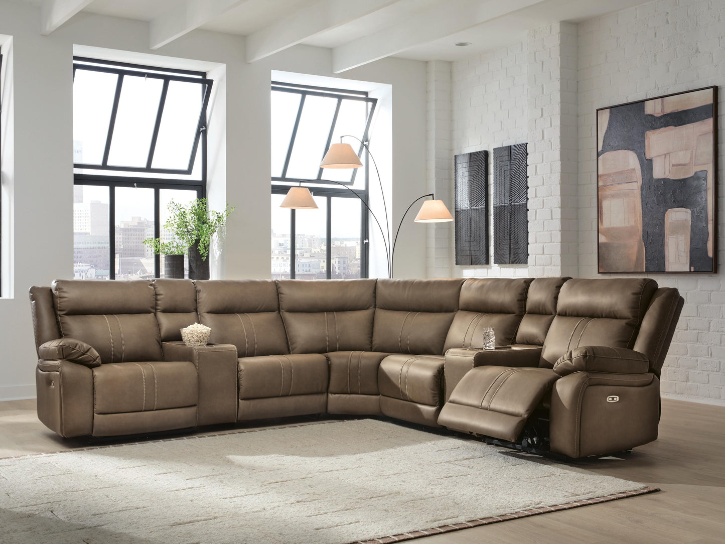 Stuart Furniture Outlet - Ashley Furniture - Max-Momentum Sectional - 7-Piece Power Reclining Sectional with Audio Consoles / Biscotti - PC82305S8
