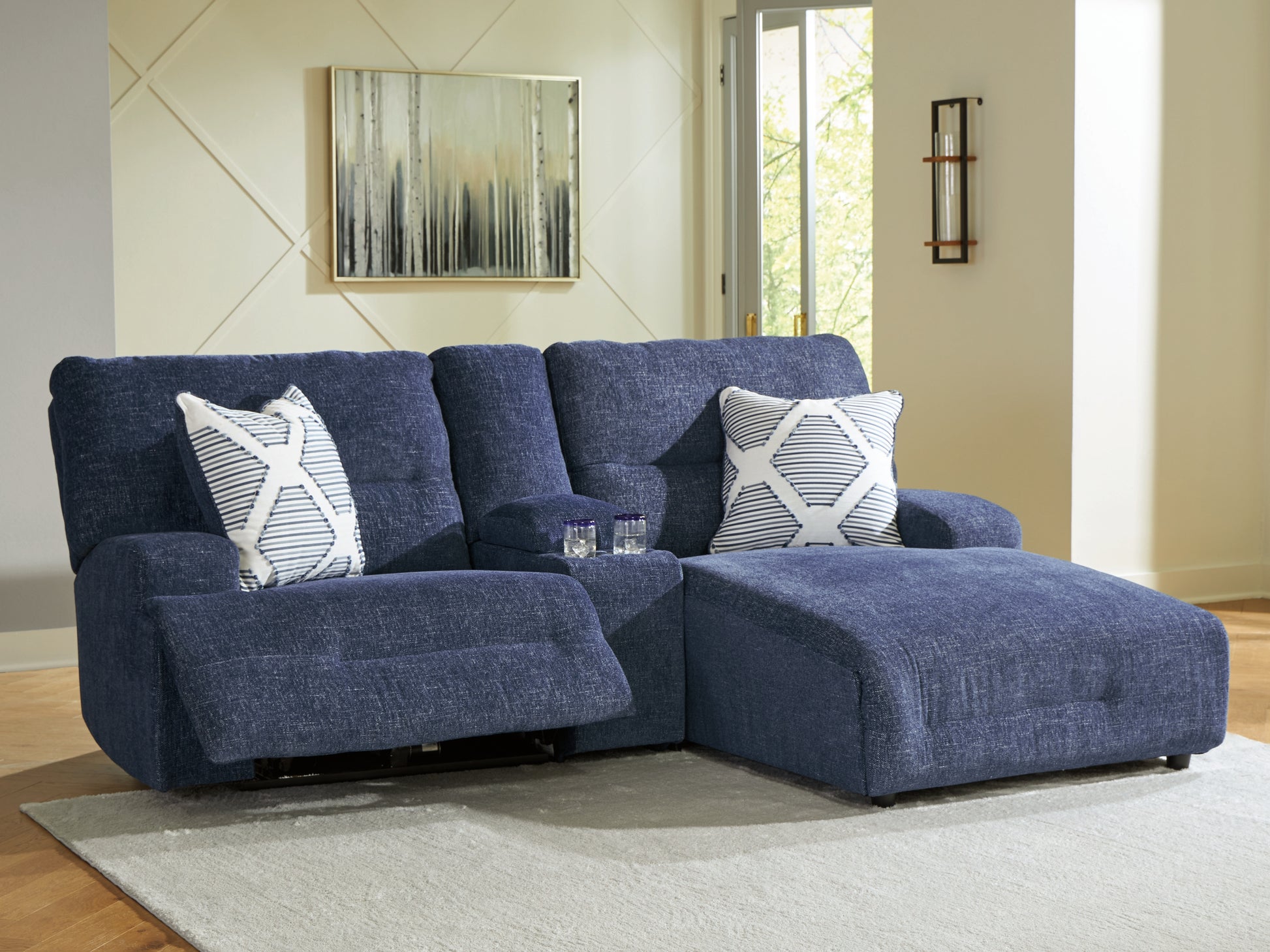 Stuart Furniture Outlet - Ashley Furniture - Acklen Place Sectional - 3-Piece Power Reclining Sectional Sofa with Chaise / Navy - 93607S4