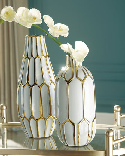 Stuart Furniture Outlet - Ashley Furniture - Mohsen Vase - Vase Set (Set of 2) / Gold Finish/White - A2000135