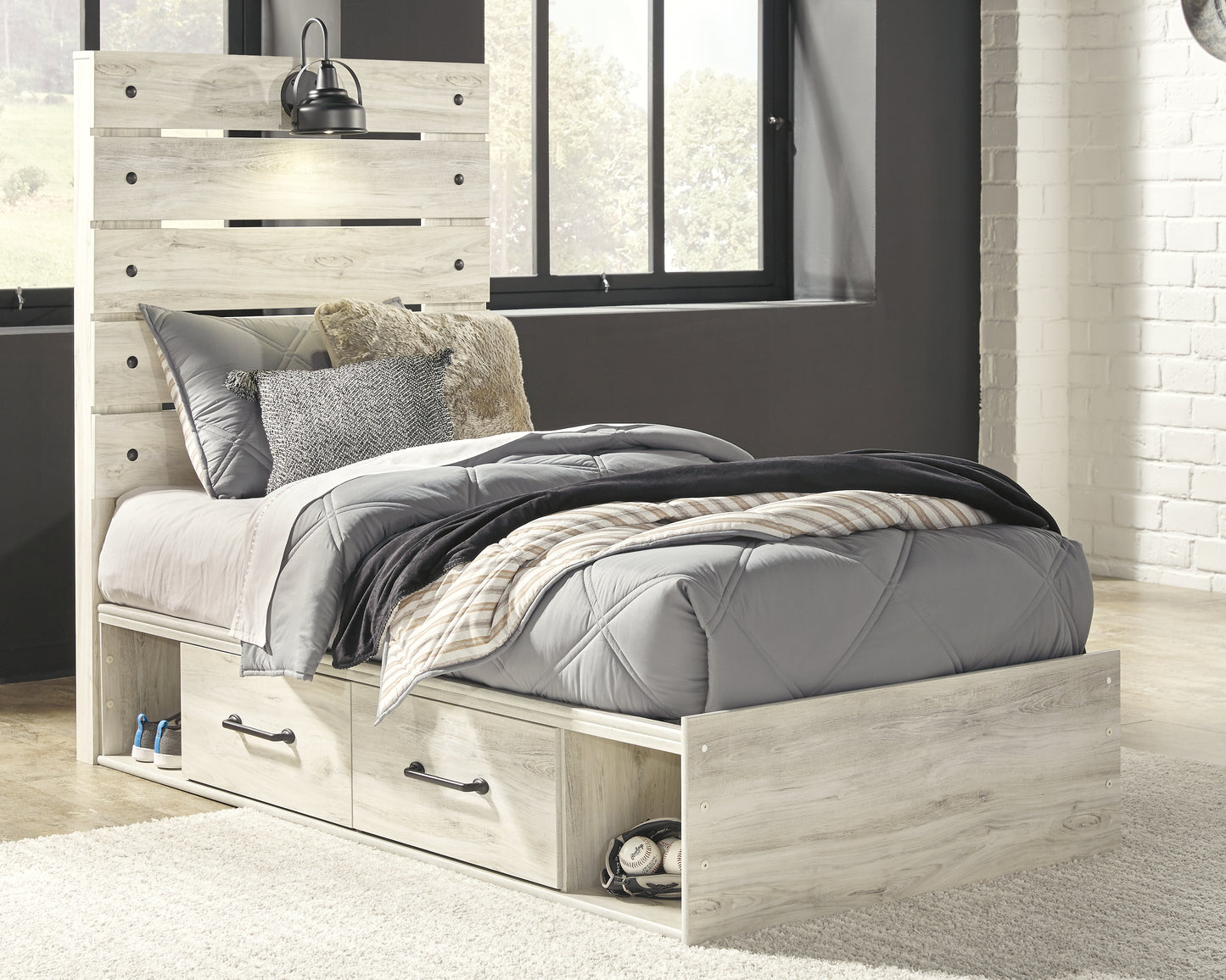Stuart Furniture Outlet - Ashley Furniture - Cambeck Bedroom - Twin Panel Bed with 4 Storage Drawers / Whitewash - B192B21