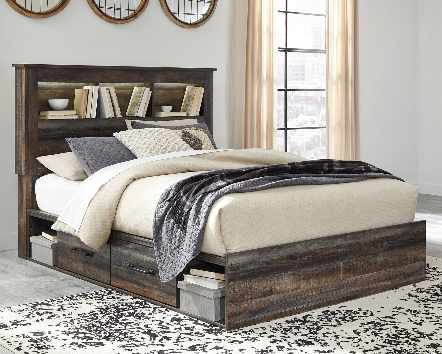 Stuart Furniture Outlet - Ashley Furniture - Drystan Bedroom - Queen Bookcase Bed with 4 Storage Drawers / Multi - B211B18