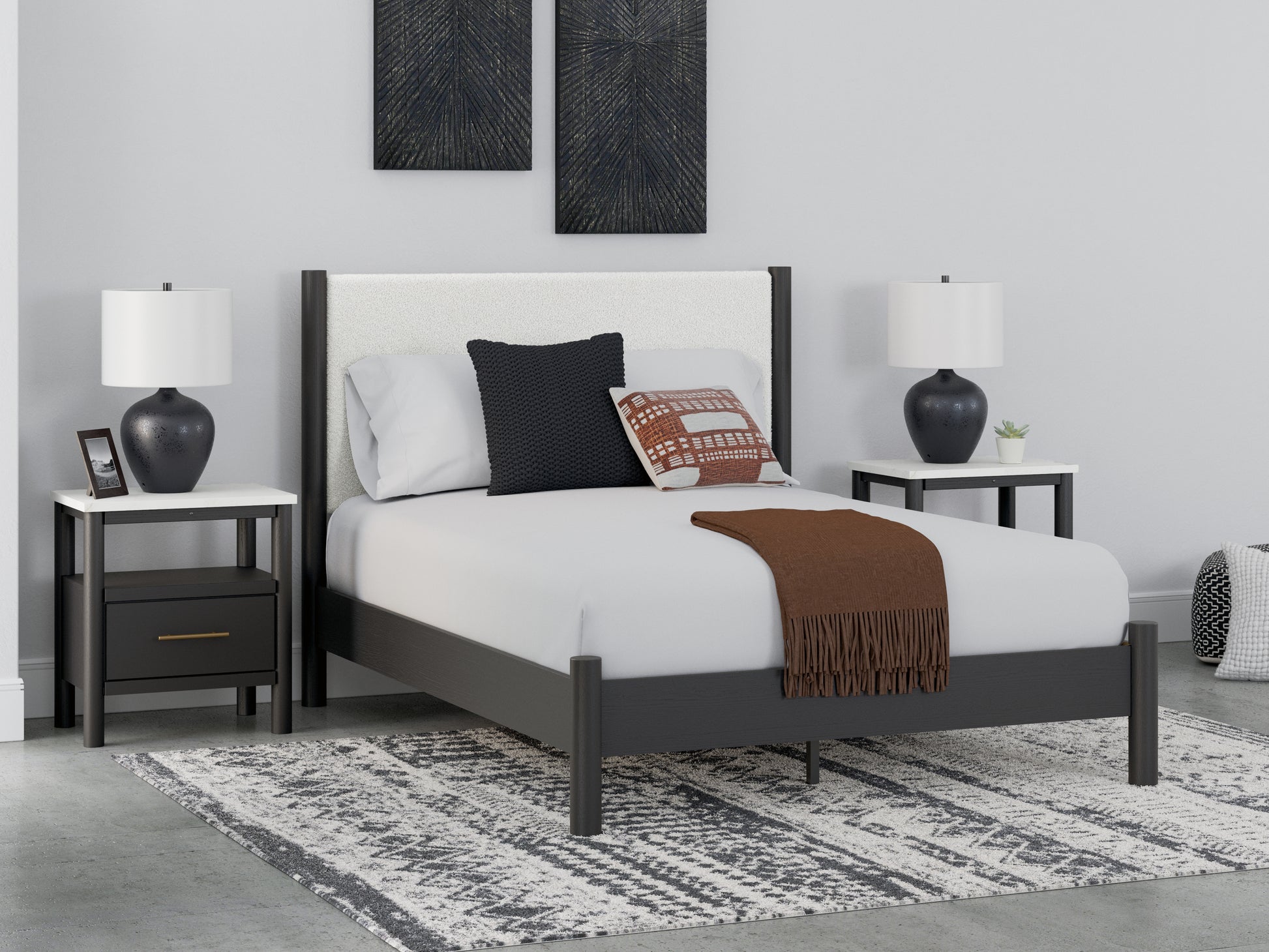 Stuart Furniture Outlet - Ashley Furniture - Cadmori Bedroom - Queen Upholstered Panel Bed / Black/White - B2616B2