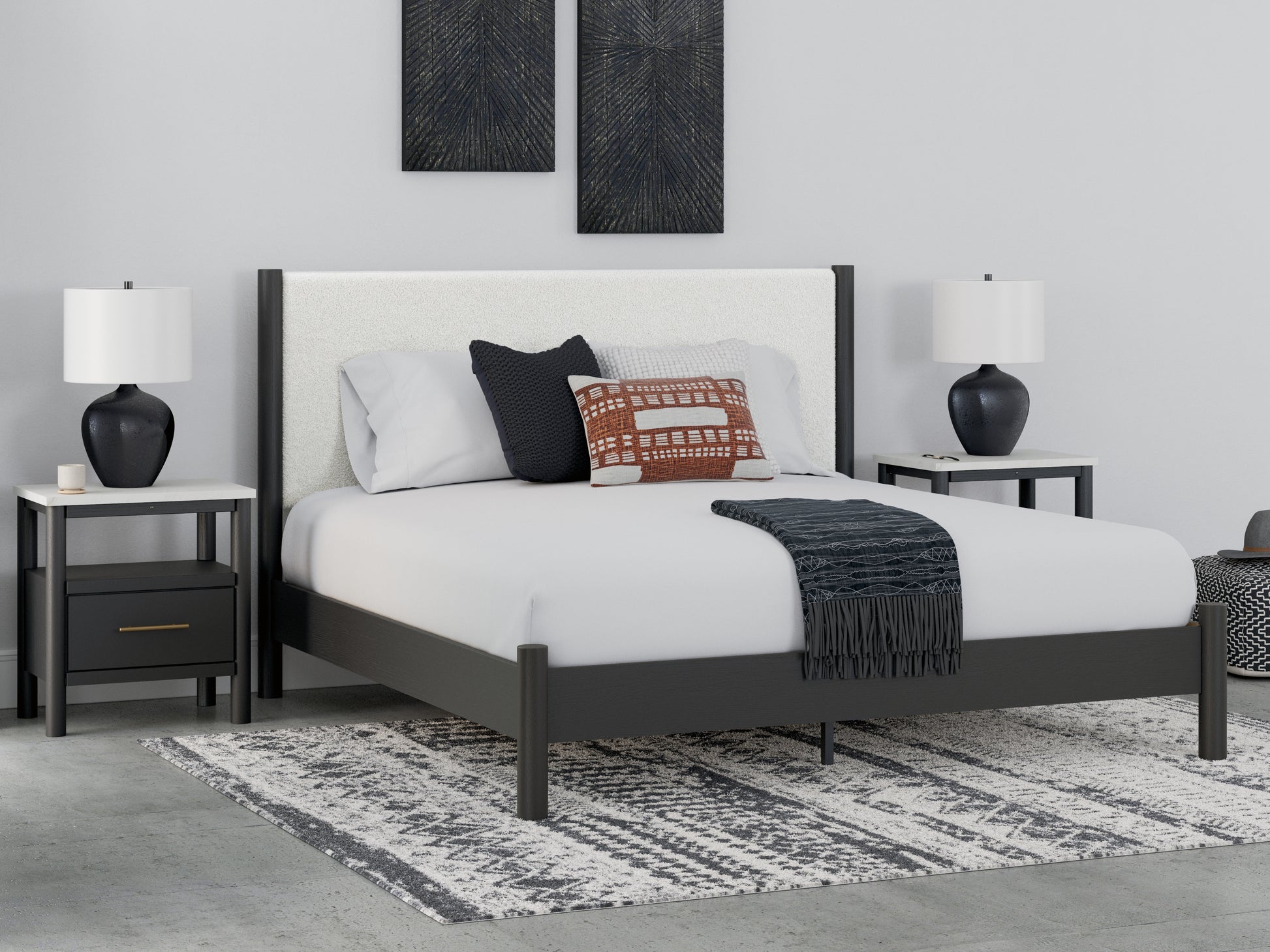Stuart Furniture Outlet - Ashley Furniture - Cadmori Bedroom - King Upholstered Panel Bed / Black/White - B2616B8
