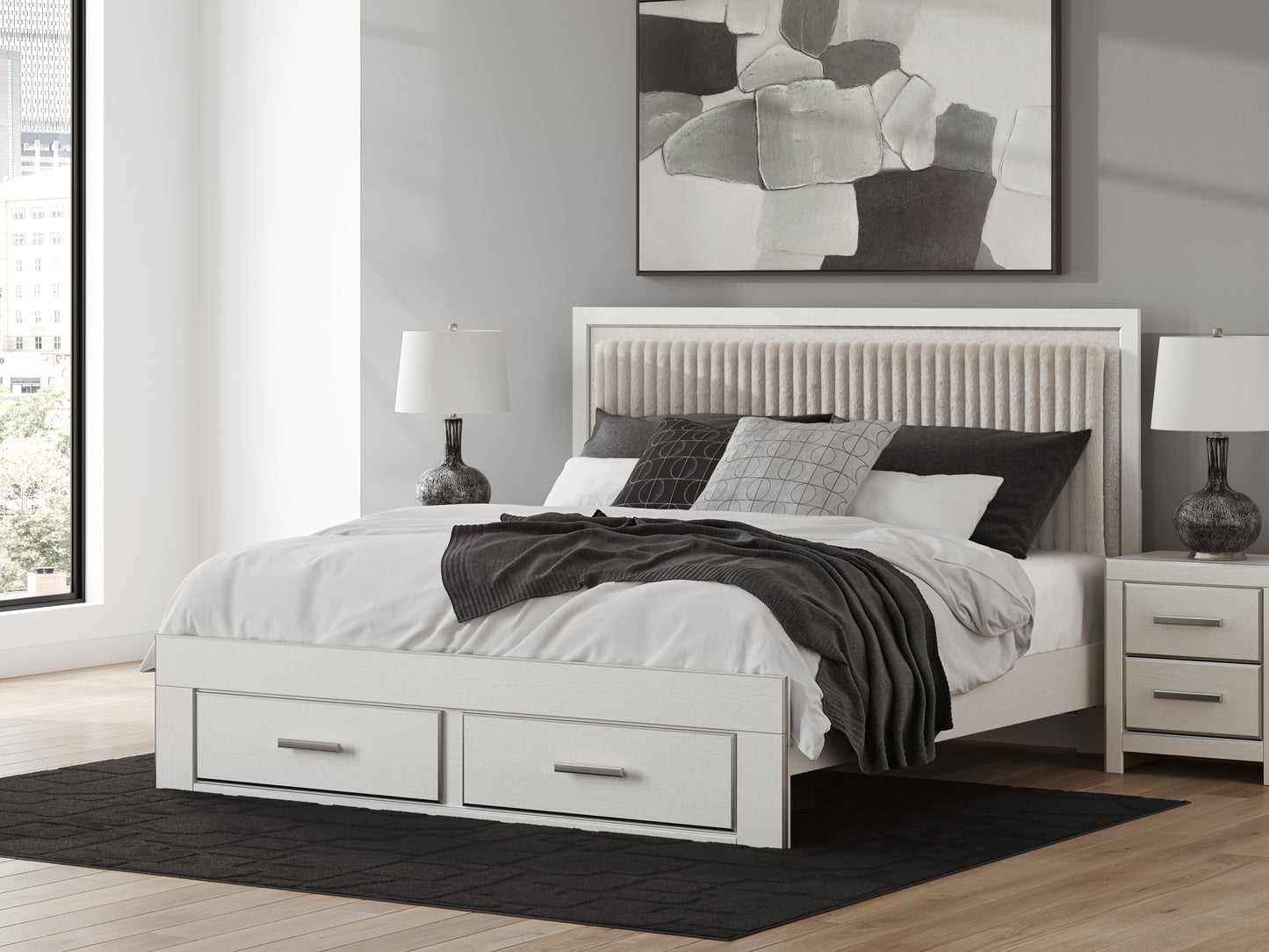 Stuart Furniture Outlet - Ashley Furniture - Zuraleus Bedroom - King Upholstered Panel Storage Bed / White - PCB3381B9