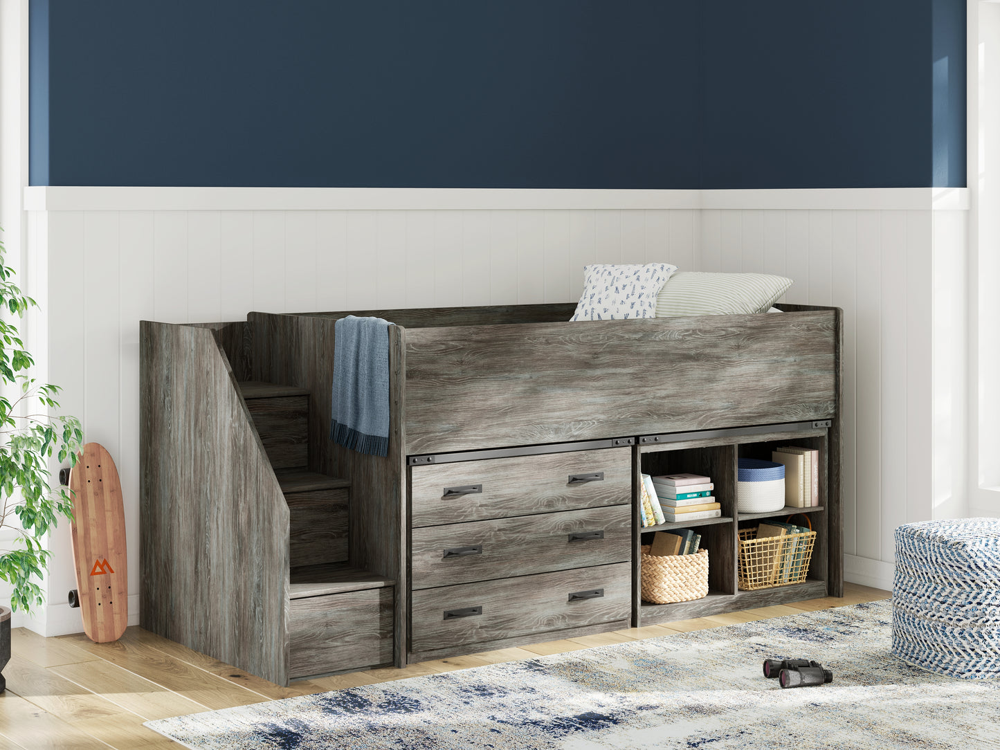 Stuart Furniture Outlet - Ashley Furniture - Frandern Bedroom - Twin Loft  Bed with Bookcase and Drawer Storage / Gray - B4480B16