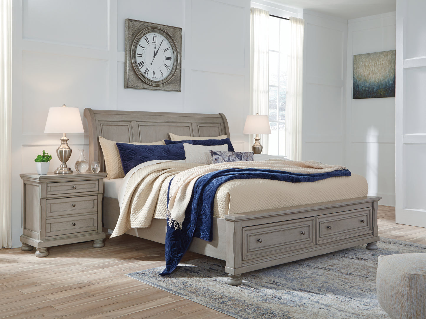 Stuart Furniture Outlet - Ashley Furniture - Lettner Bedroom - Queen Sleigh Bed with 2 Storage Drawers / Light Gray - B733B3