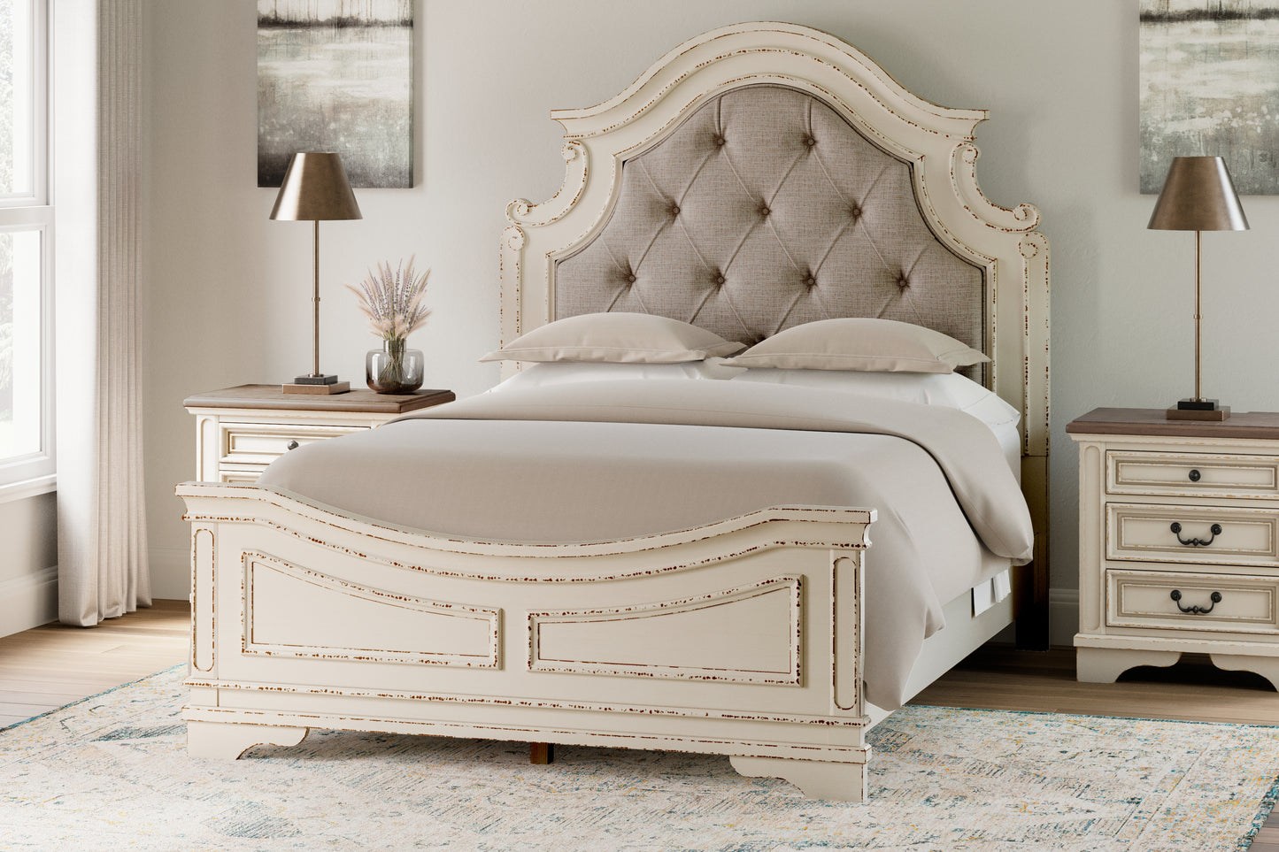 Stuart Furniture Outlet - Ashley Furniture - Realyn Bedroom - Queen Upholstered Panel Bed / Chipped White - B743B2