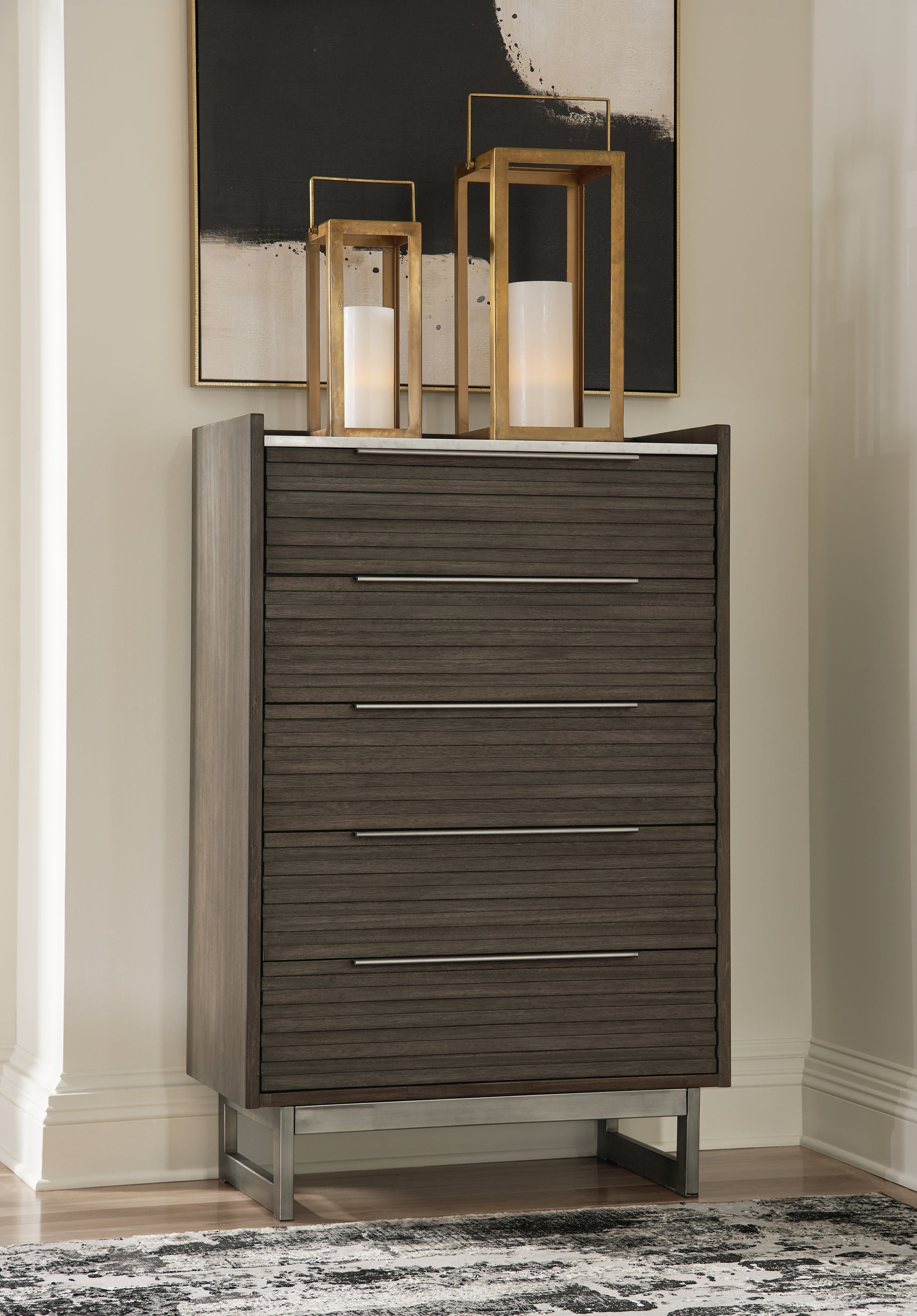 Stuart Furniture Outlet - Ashley Furniture - Arkenton Bedroom - Five Drawer Chest / Grayish Brown/White - B786-46