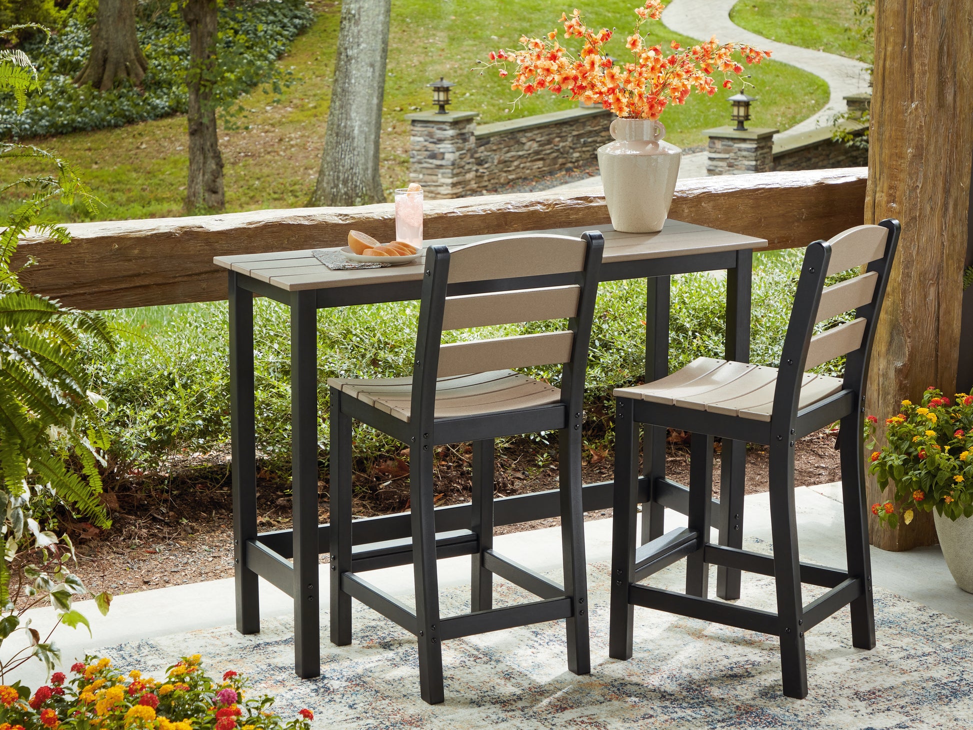 Stuart Furniture Outlet - Ashley Furniture - Shoreline Beach Outdoor - Counter Table Set (3/CN) / Black/Beige - PCP221-113