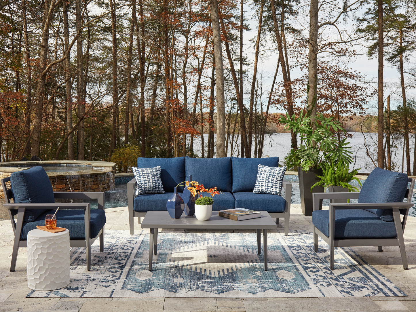 Stuart Furniture Outlet - Ashley Furniture - Gali Outdoor - Sofa/Chairs/Table Set (4/CN) / Gray/Blue - P275-081