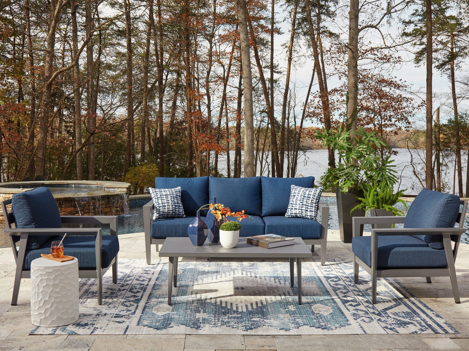 Stuart Furniture Outlet - Ashley Furniture - Gali Outdoor - Sofa/Chairs/Table Set (4/CN) / Gray/Blue - P275-081