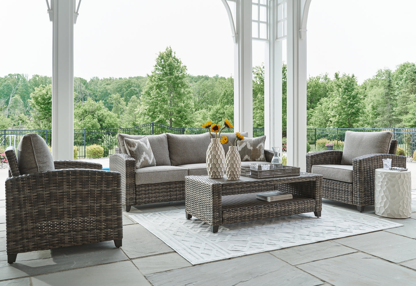 Stuart Furniture Outlet - Ashley Furniture - Oasis Court Outdoor - Sofa/Chairs/Table Set (4/CN) / Gray - P335-081