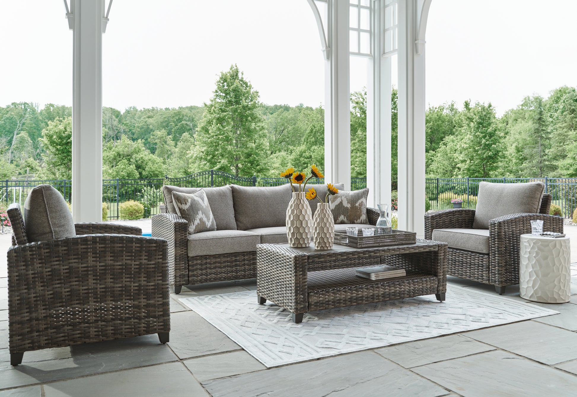 Stuart Furniture Outlet - Ashley Furniture - Oasis Court Outdoor - Sofa/Chairs/Table Set (4/CN) / Gray - P335-081