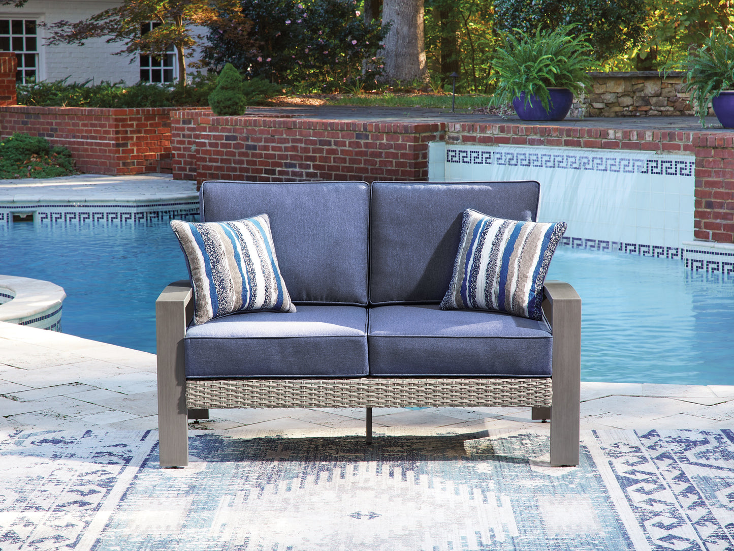 Stuart Furniture Outlet - Ashley Furniture - Half Moon Beach Outdoor - Loveseat w/Cushion / Blue/Gray - PCP418-835
