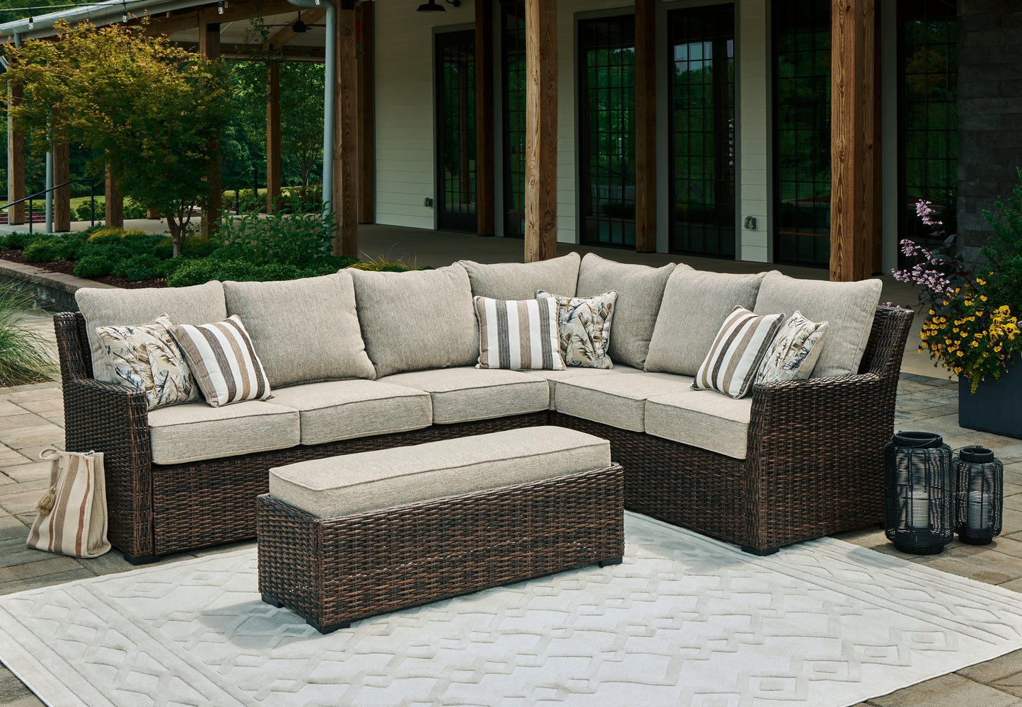 Stuart Furniture Outlet - Ashley Furniture - Brook Ranch Outdoor - Sofa SEC/Bench w/CUSH (3/CN) / Brown - P465-822