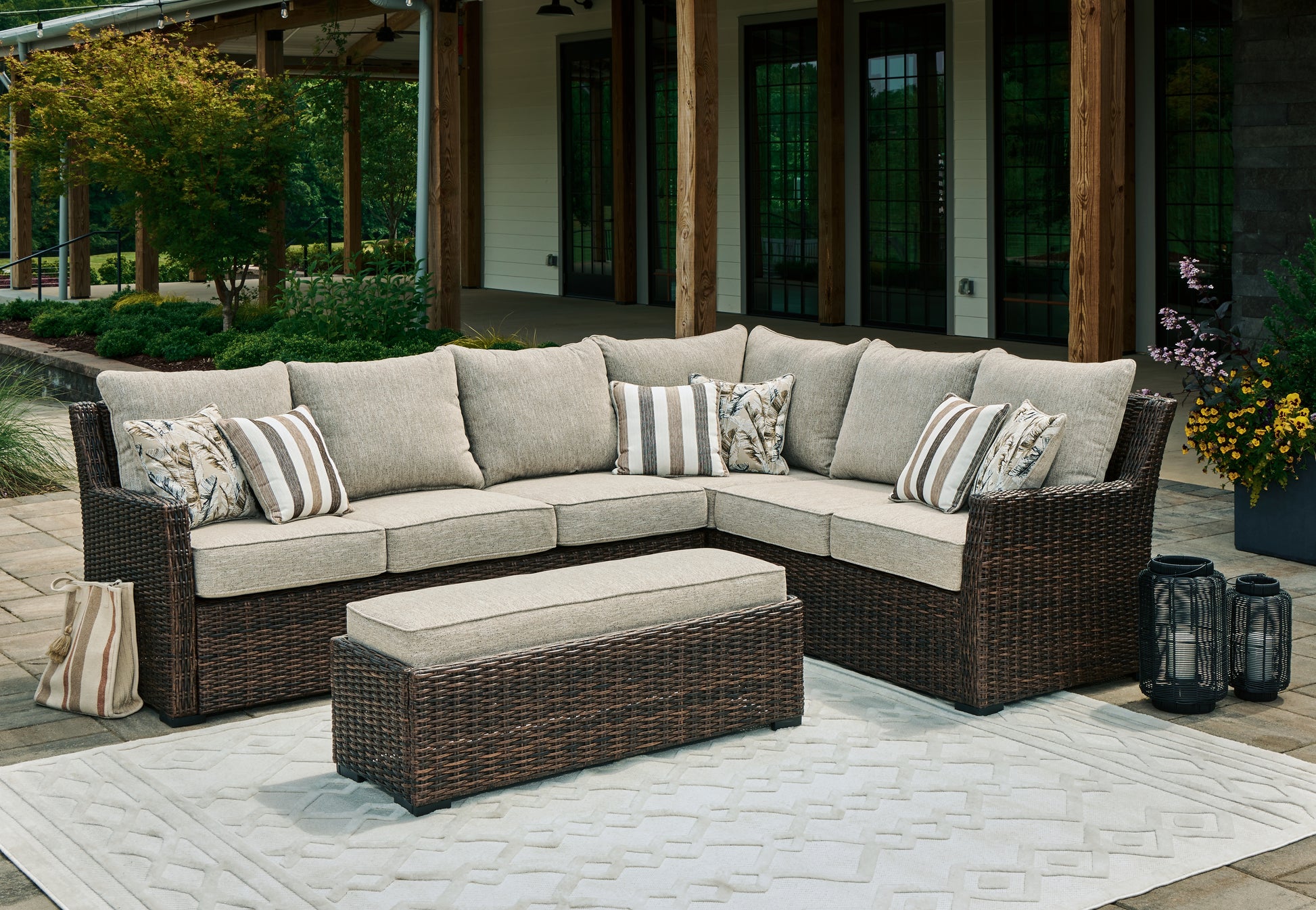 Stuart Furniture Outlet - Ashley Furniture - Brook Ranch Outdoor - Sofa SEC/Bench w/CUSH (3/CN) / Brown - P465-822