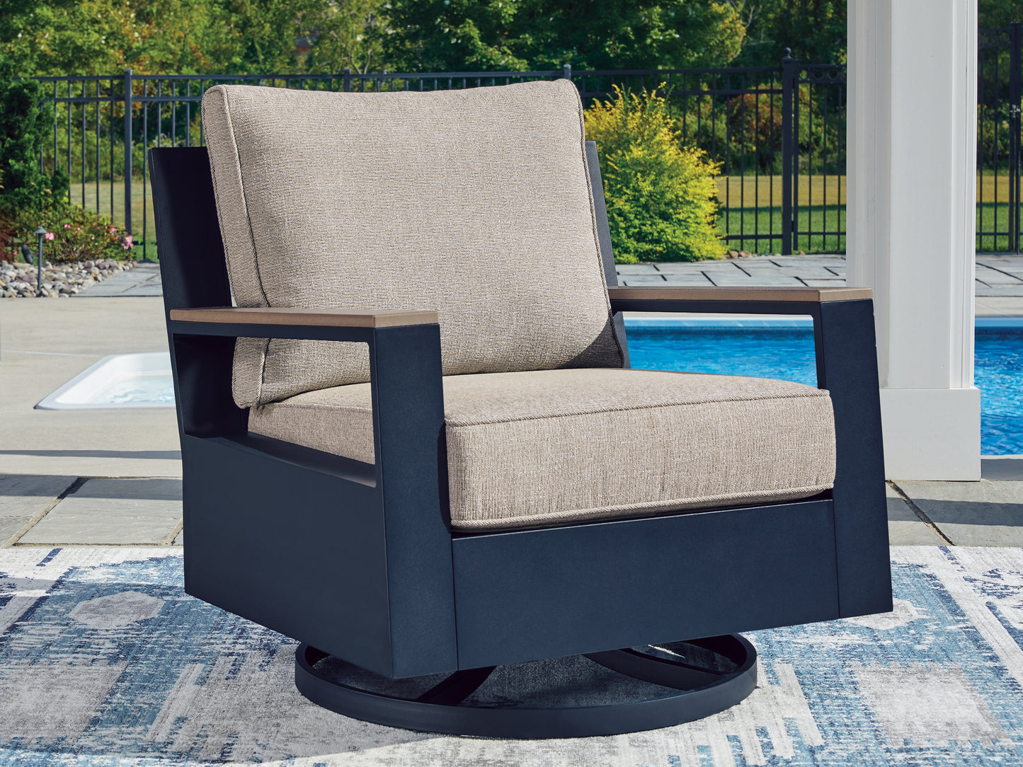 Stuart Furniture Outlet - Ashley Furniture - East Beach Outdoor - Swivel Glider Chair w/Cushion / Navy Blue/Driftwood - PCP587-821