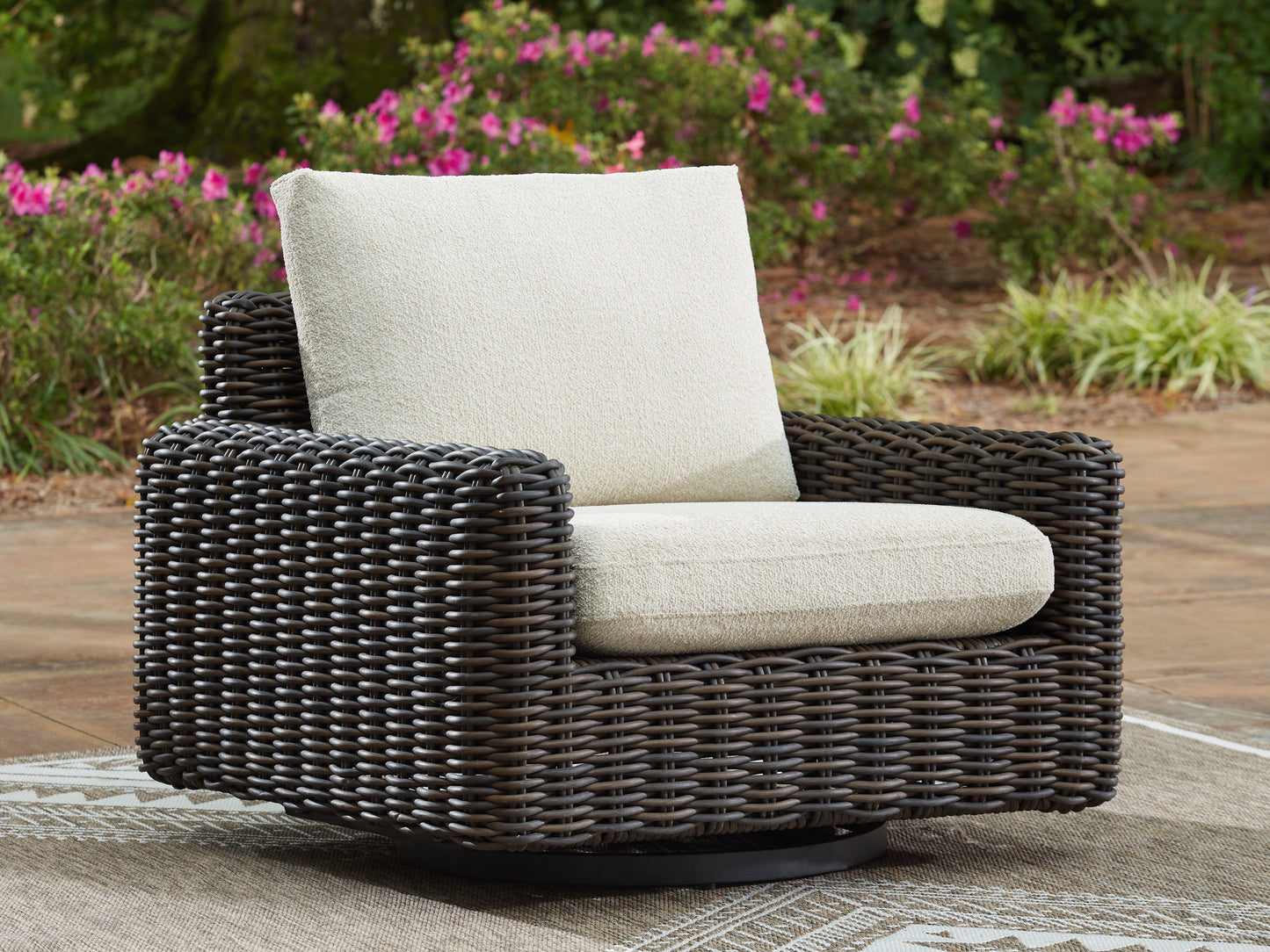 Stuart Furniture Outlet - Ashley Furniture - Kimora Outdoor - Swivel Glider Lounge w/Cushion / Beige/Dark Brown - P711-821