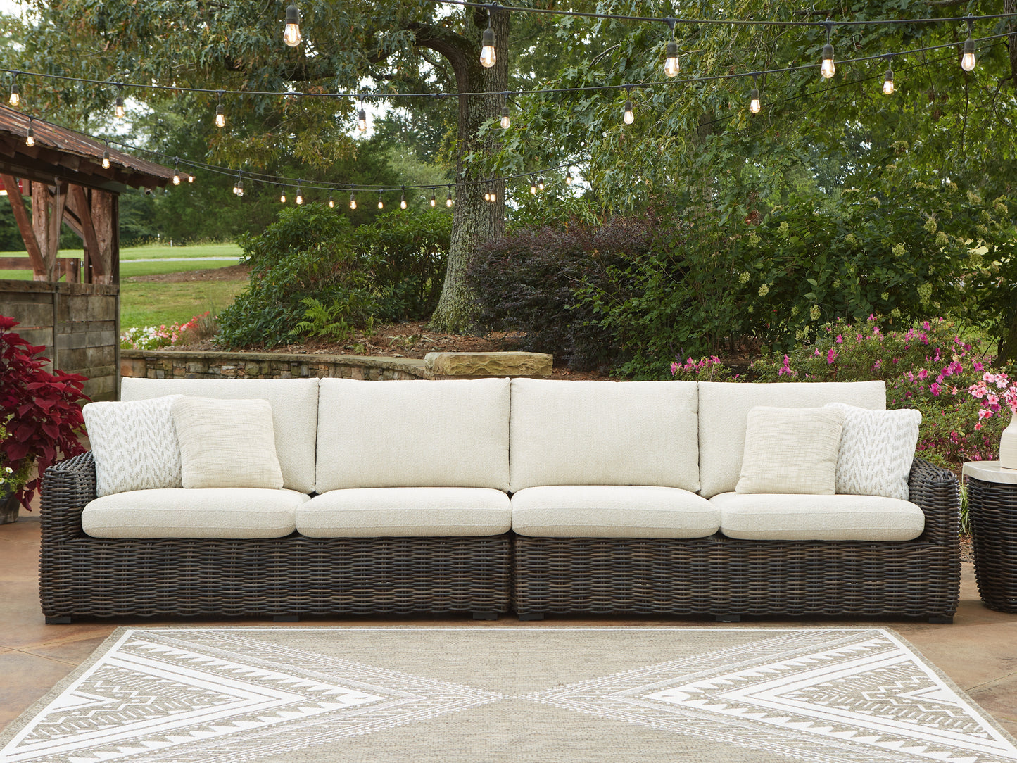 Stuart Furniture Outlet - Ashley Furniture - Kimora Outdoor - RAF/LAF Loveseat w/CUSH (Set of 2) / Beige/Dark Brown - P711-854