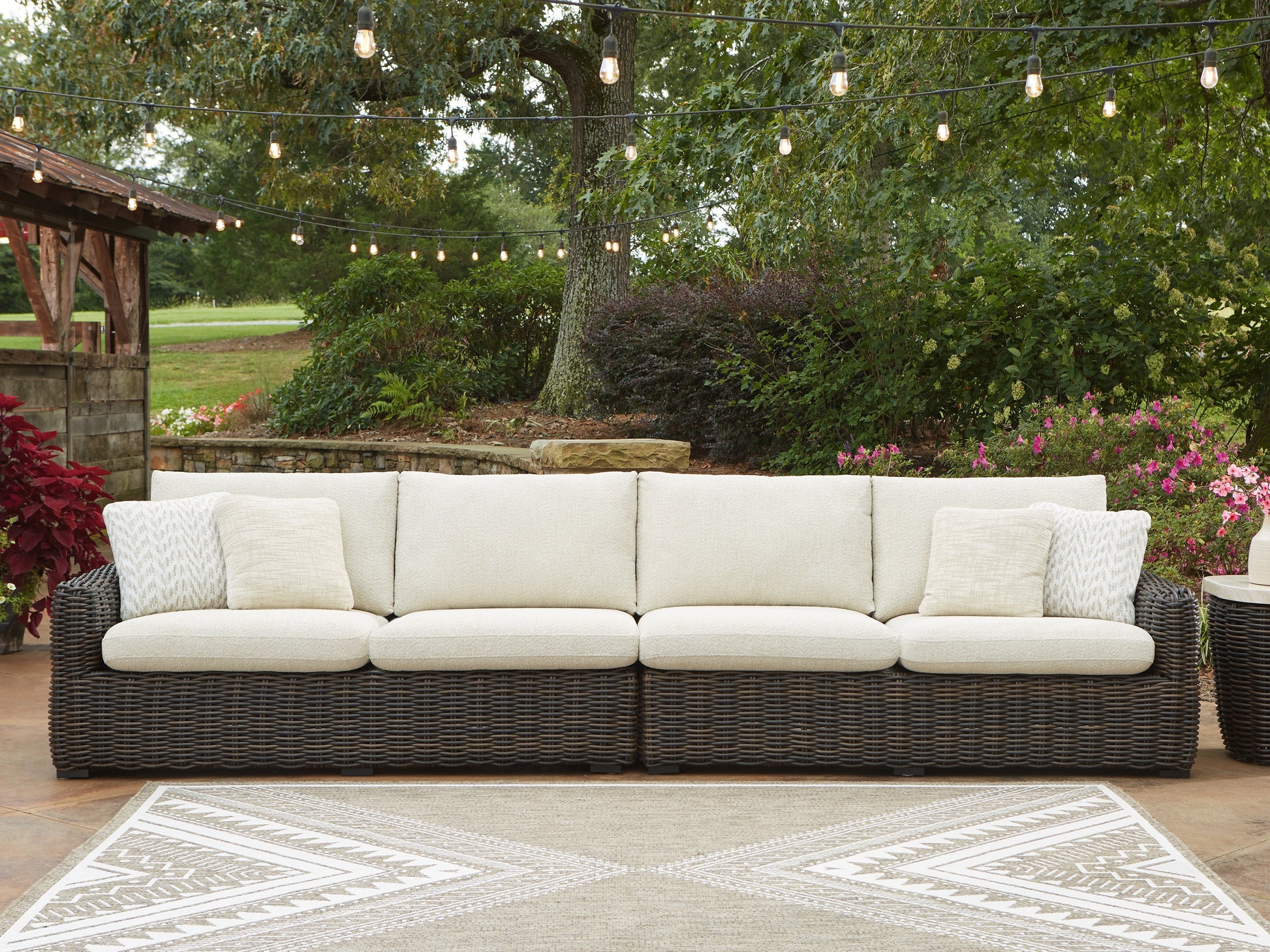 Stuart Furniture Outlet - Ashley Furniture - Kimora Outdoor - RAF/LAF Loveseat w/CUSH (Set of 2) / Beige/Dark Brown - P711-854