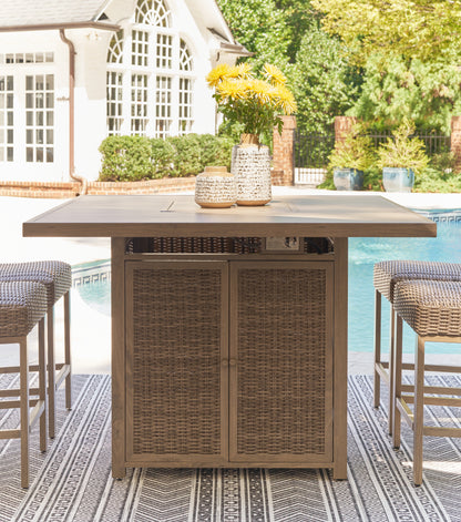 Stuart Furniture Outlet - Ashley Furniture - Walton Bridge Outdoor - Square Bar Table w/Fire Pit / Driftwood - P749-665