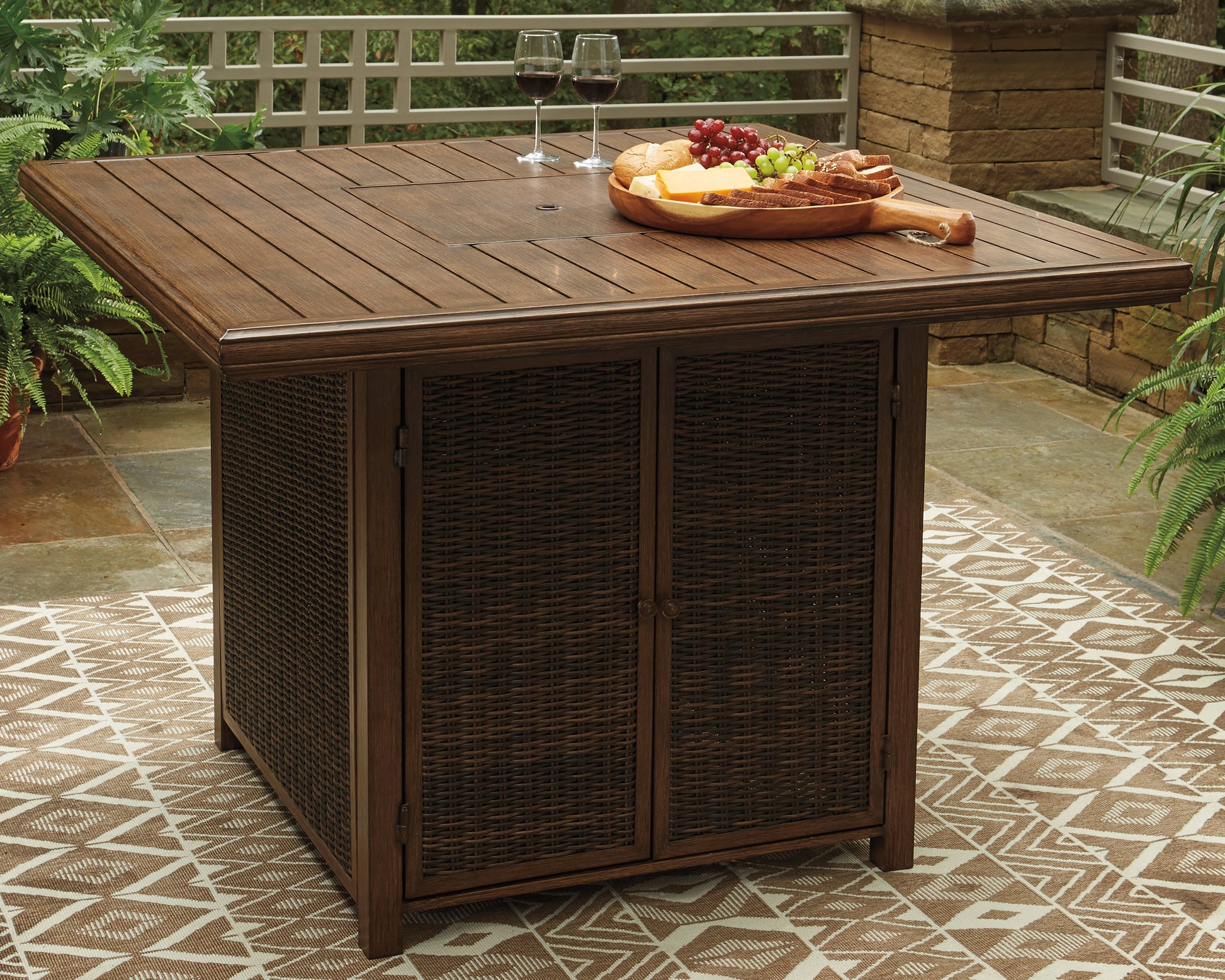Stuart Furniture Outlet - Ashley Furniture - Paradise Trail Outdoor - Square Bar Table w/Fire Pit / Medium Brown - P750-665