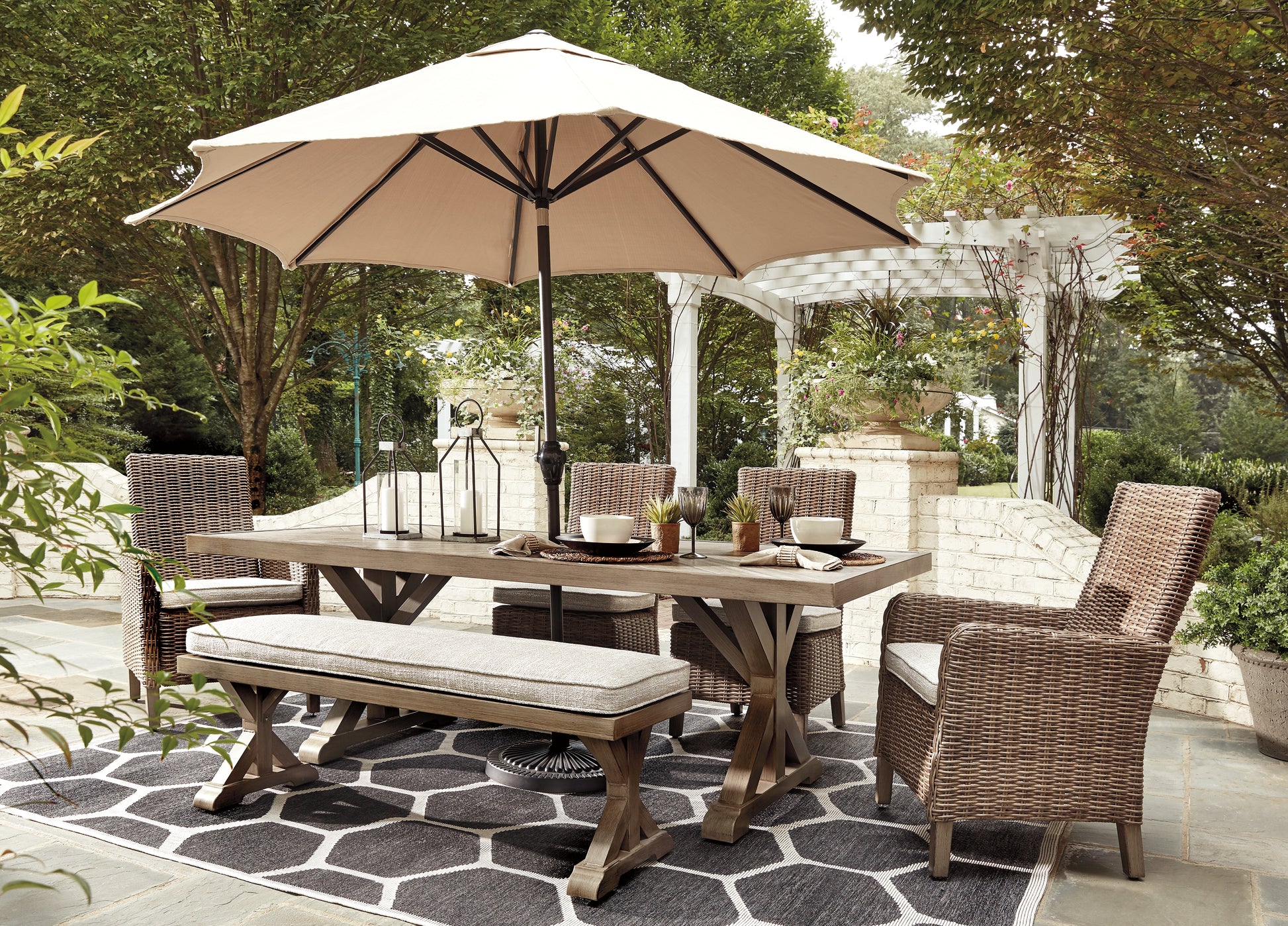 Stuart Furniture Outlet - Ashley Furniture - Beachcroft Outdoor - RECT Dining Table w/UMB OPT / Beige - P791-625