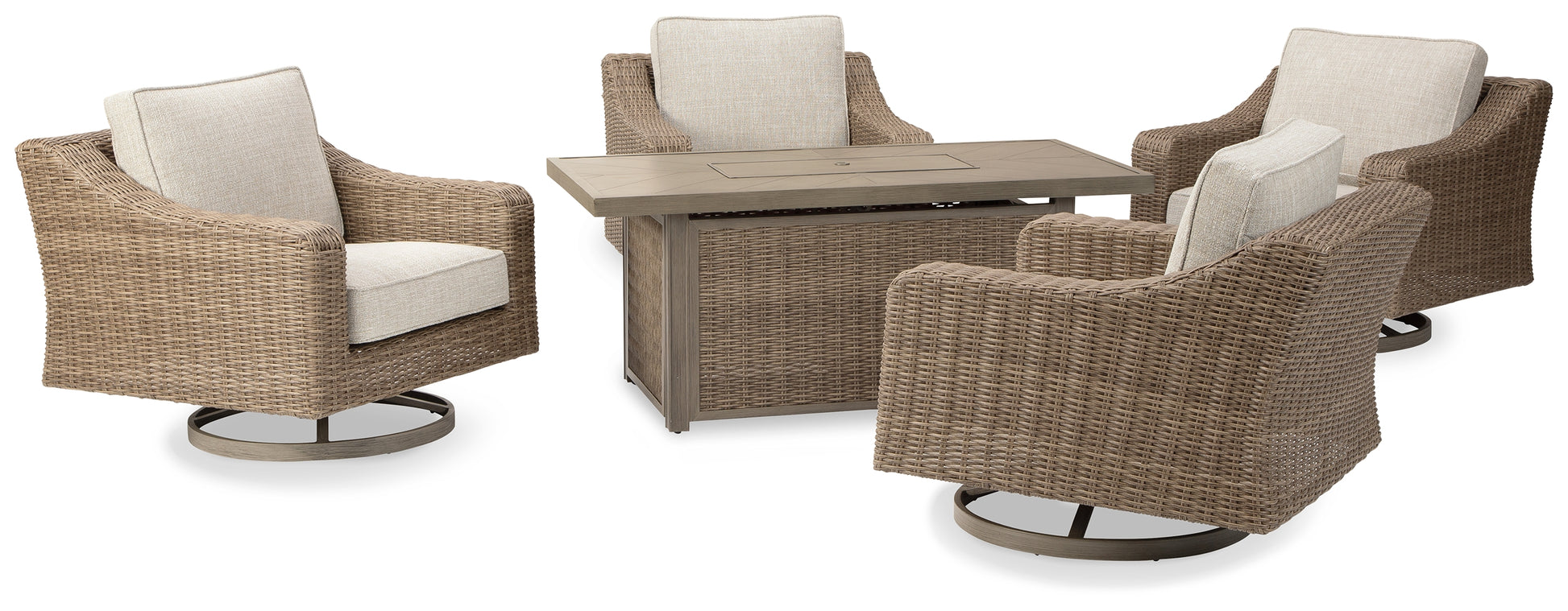 Stuart Furniture Outlet - Ashley Furniture - Beachcroft Outdoor - 5-Piece Outdoor Fire Pit Table with 4 Chairs / Beige - P791P17