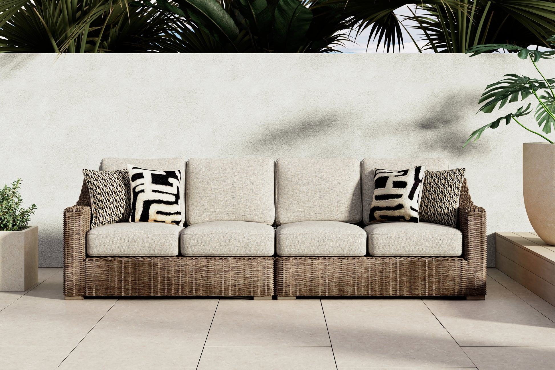 Stuart Furniture Outlet - Ashley Furniture - Beachcroft Outdoor - RAF/LAF Loveseat w/CUSH (Set of 2) / Beige - P791-854