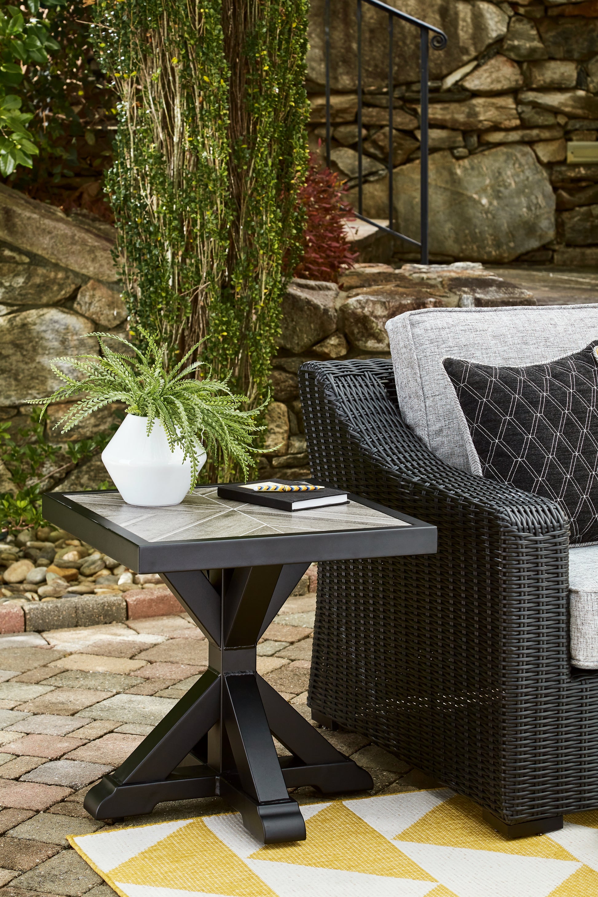 Stuart Furniture Outlet - Ashley Furniture - Beachcroft Outdoor - Square End Table / Black/Light Gray - P792-702