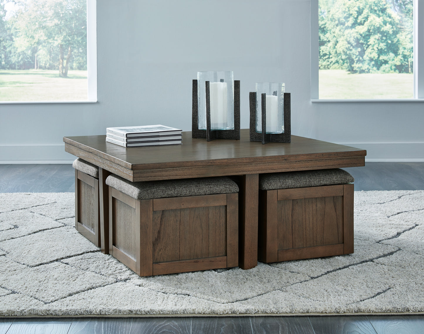 Stuart Furniture Outlet - Ashley Furniture - Boardernest Coffee Table with 4 Stools - Cocktail TBL w/4 Stools (5/CN) / Brown - T738-20