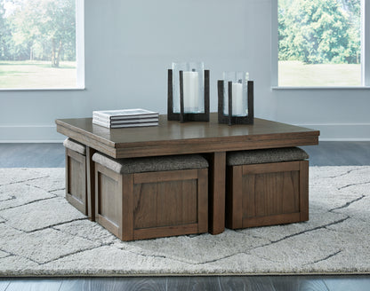 Stuart Furniture Outlet - Ashley Furniture - Boardernest Coffee Table with 4 Stools - Cocktail TBL w/4 Stools (5/CN) / Brown - T738-20