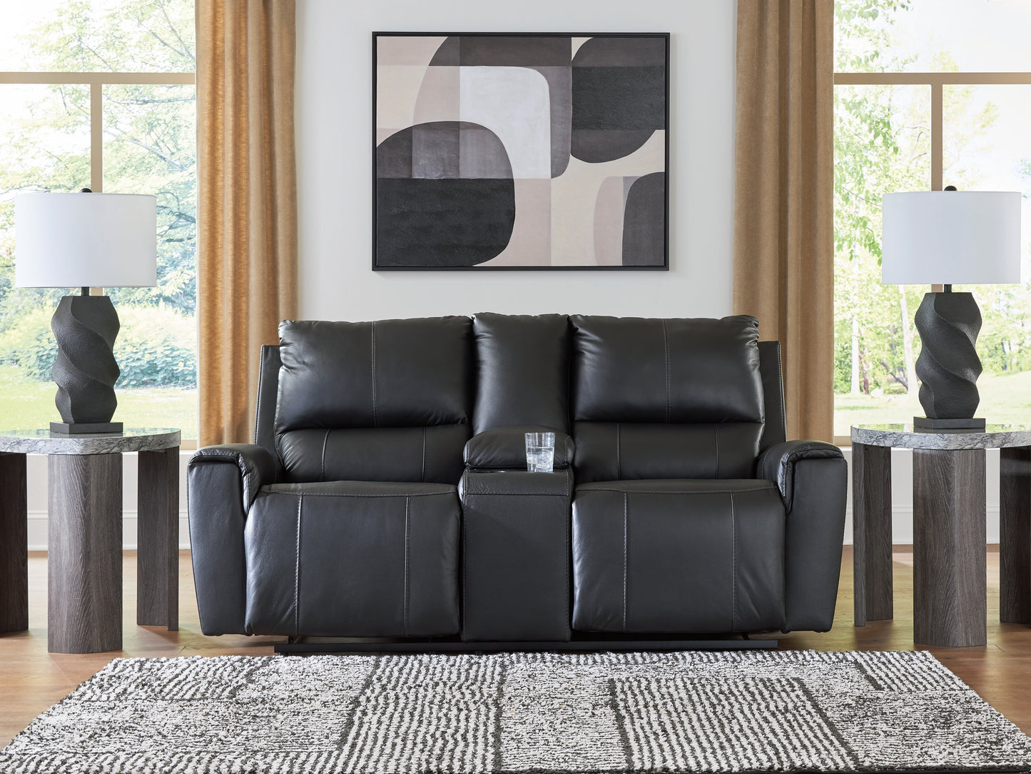 Stuart Furniture Outlet - Ashley Furniture - Glossmore Living Room - DBL Rec Loveseat w/Console / Black - PCU1170094