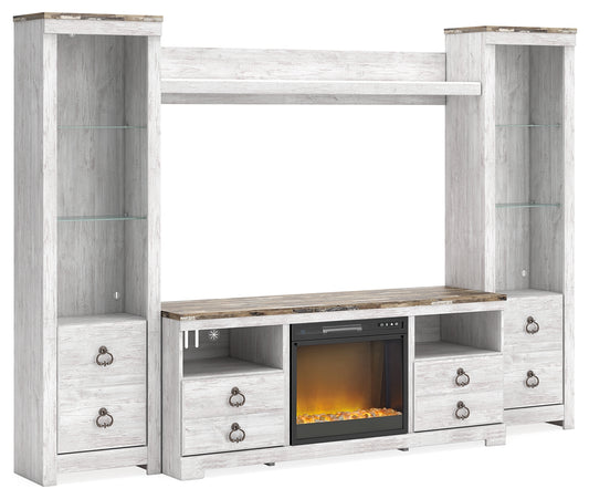 Stuart Furniture Outlet - Ashley Furniture - Willowton 4-Piece Entertainment Center with Electric Fireplace - 4-Piece Entertainment Center with Electric Fireplace / Whitewash - W267W4