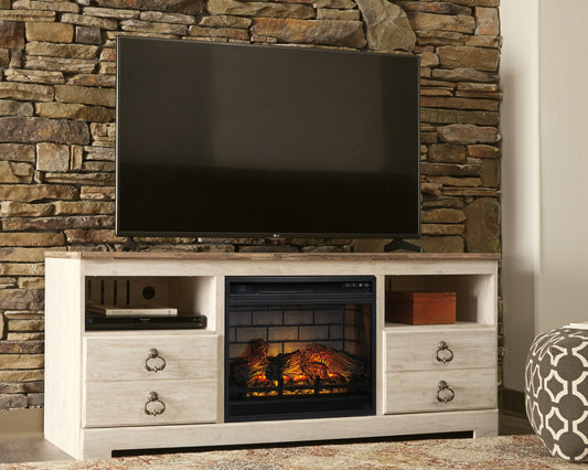 Stuart Furniture Outlet - Ashley Furniture - Willowton 64" TV Stand with Electric Fireplace - 64" TV Stand with Electric Fireplace / Whitewash - W267W8