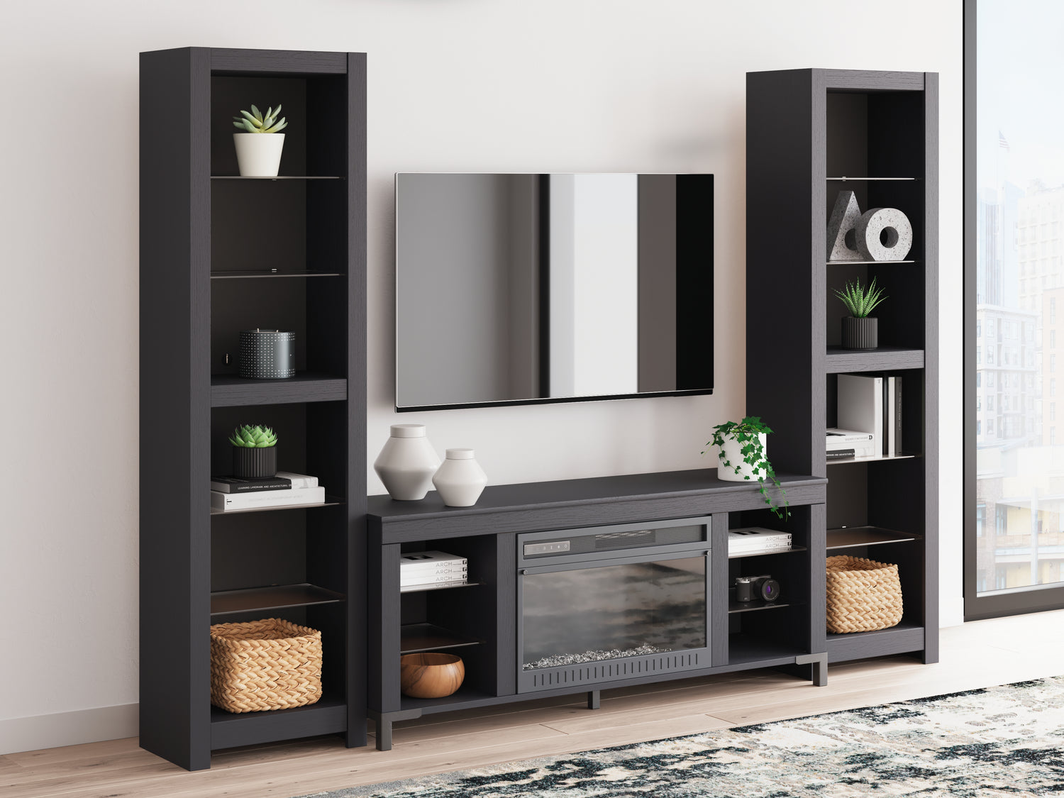 Stuart Furniture Outlet - Ashley Furniture - Cayberry 3-Piece Entertainment Center with Electric Fireplace - 3-Piece Entertainment Center with Electric Fireplace / Black - W2721W2