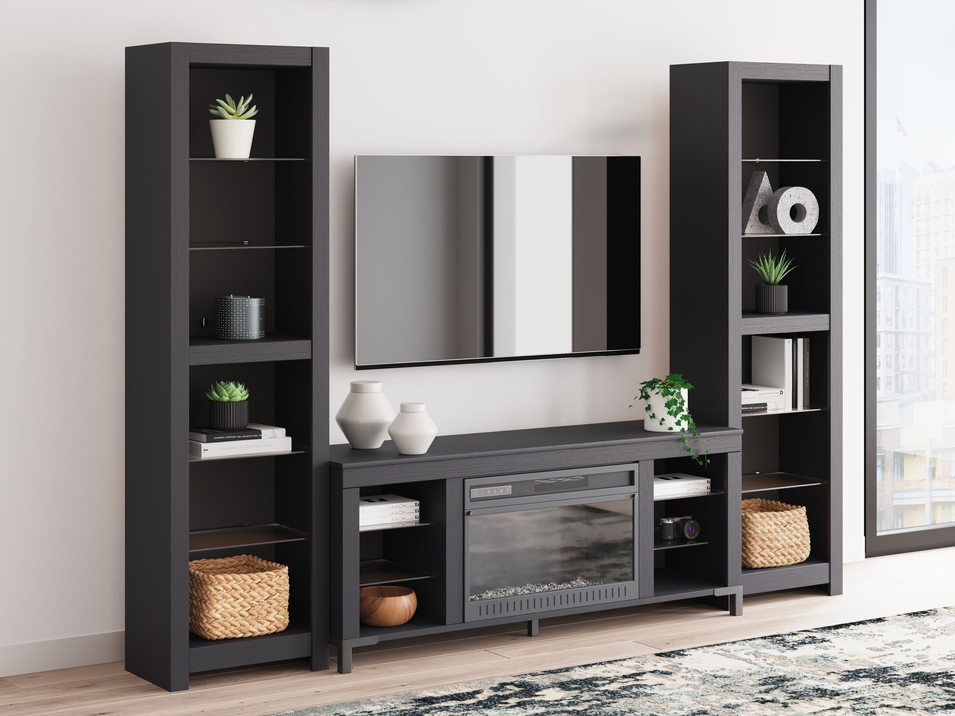 Stuart Furniture Outlet - Ashley Furniture - Cayberry 3-Piece Entertainment Center with Electric Fireplace - 3-Piece Entertainment Center with Electric Fireplace / Black - W2721W2
