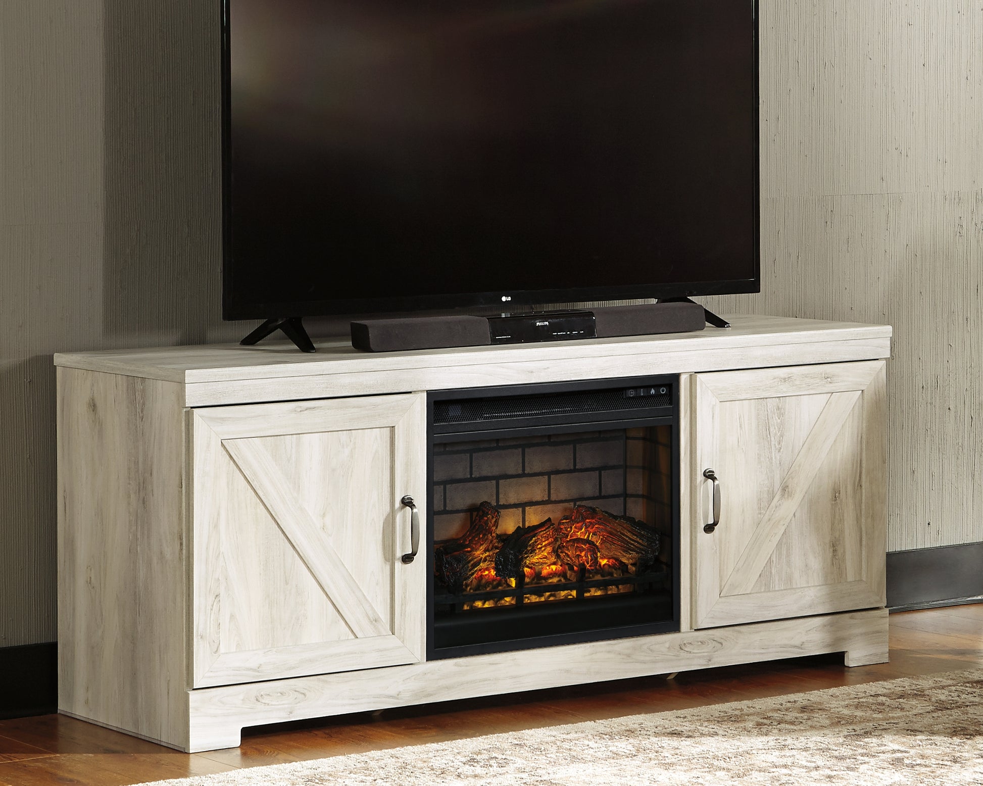 Stuart Furniture Outlet - Ashley Furniture - Bellaby 63" TV Stand with Electric Fireplace - 63" TV Stand with Electric Fireplace / Whitewash - W331W9