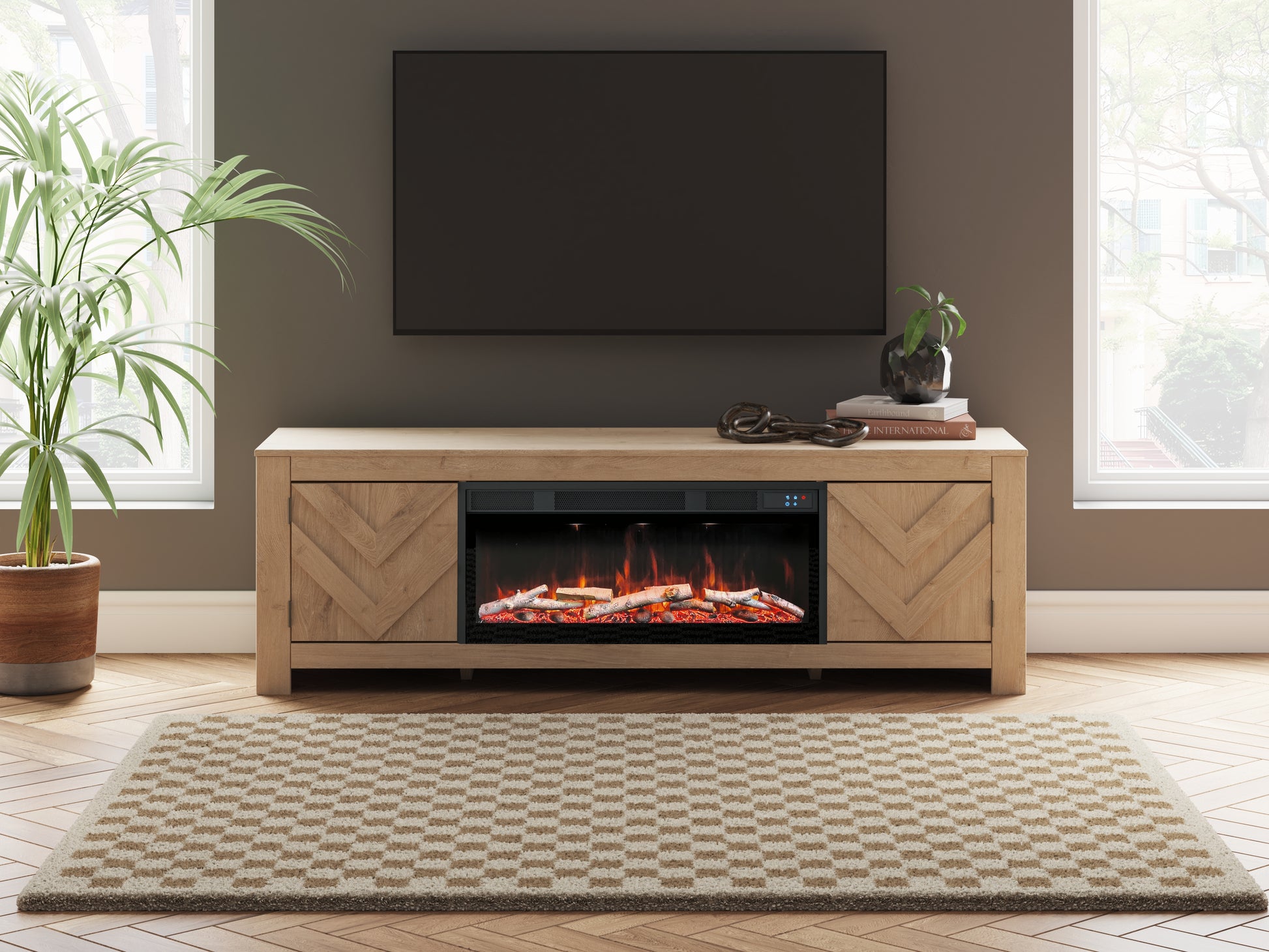 Stuart Furniture Outlet - Ashley Furniture - Cayboni 71" TV Stand with Electric Fireplace - 71" TV Stand with Electric Fireplace / Tan - W3787W1