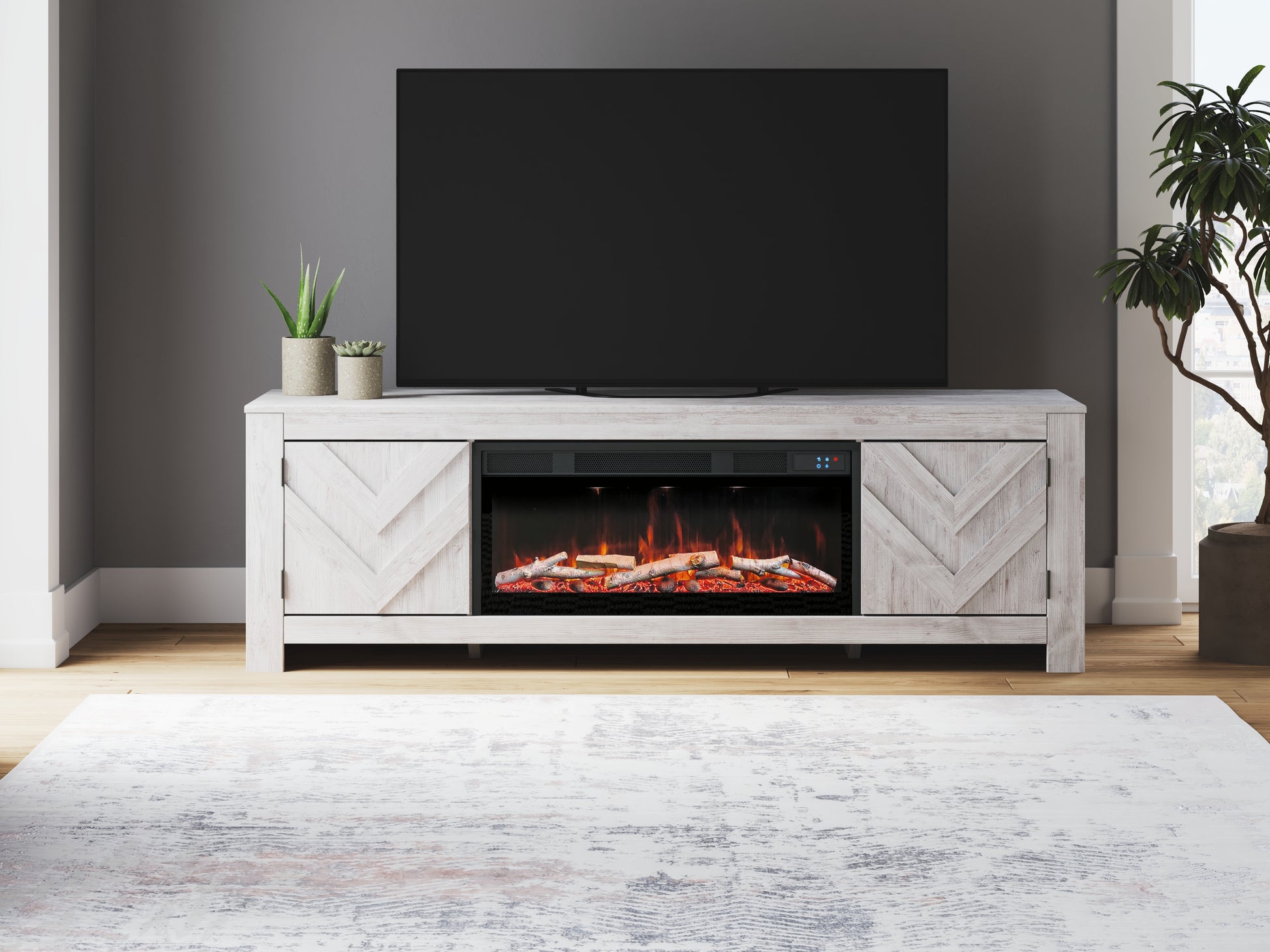 Stuart Furniture Outlet - Ashley Furniture - Cayboni 71" TV Stand with Electric Fireplace - 71" TV Stand with Electric Fireplace / Whitewash - W3788W1